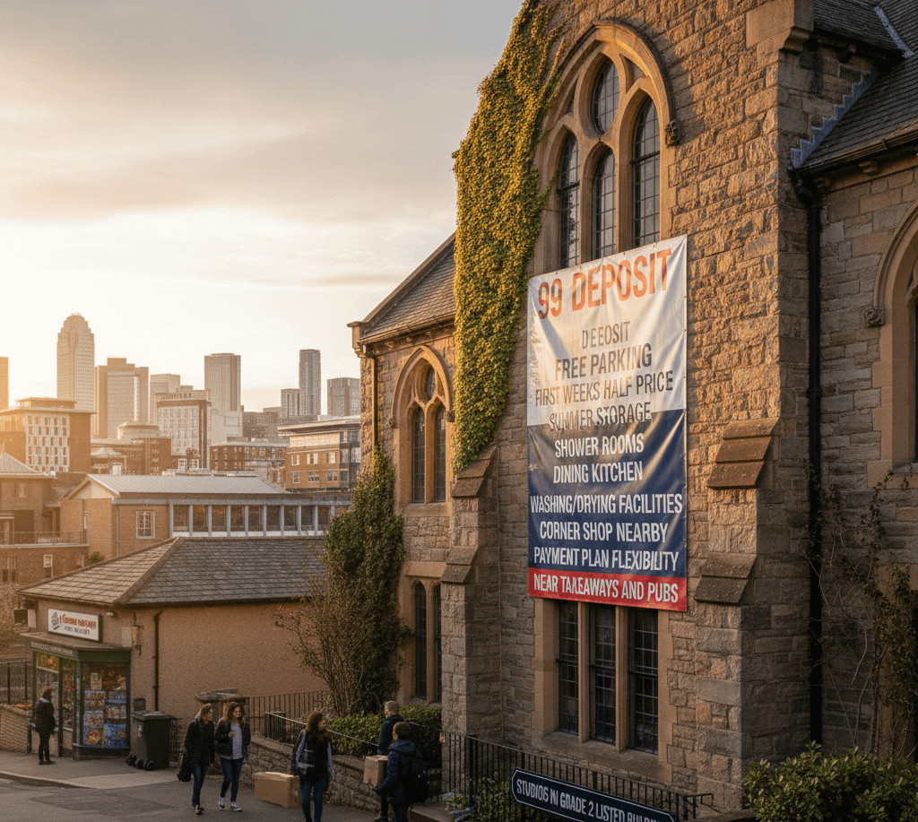affordable student houses Lancaster near campus, £99 deposit, Free parking, First weeks half price/summer storage, Shower rooms, Dining kitchen, Washing/drying facilities, Corner shop nearby, Bishops Walk location, Grade 2 listed buildings, Payment plan flexibility, Overlooking university, Five minute walk city centre, Near takeaways and pubs