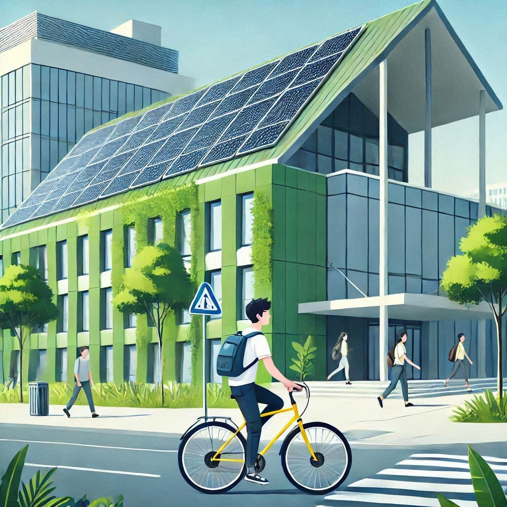 A student cycling past a green building with solar panels