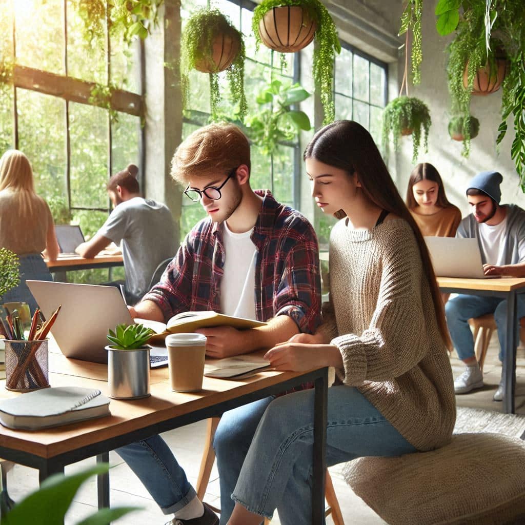 Students studying in a naturally lit room. Alt text_ Students Studying in Naturally Lit Eco-Friendly Student Accommodation