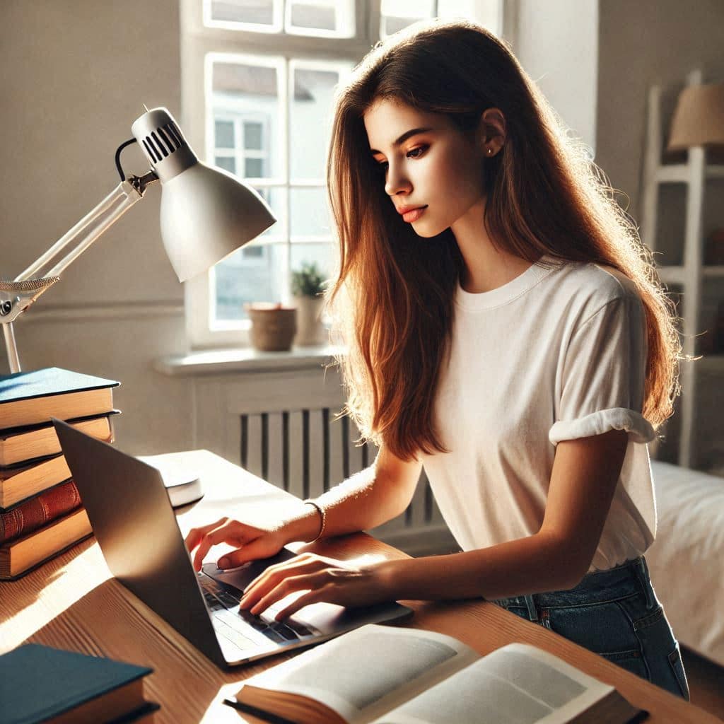 Ideal study space. A student studying at a desk in a Bayt student accommodation room in Lancaster. The desk is organised and has a laptop, books, and a lamp