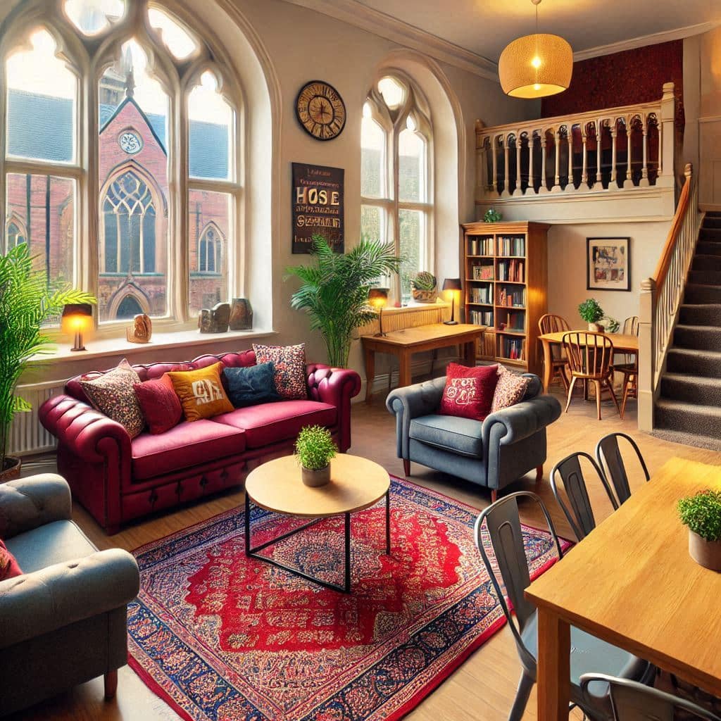 Students relaxing in a modern common room of a student residence in Lancaster