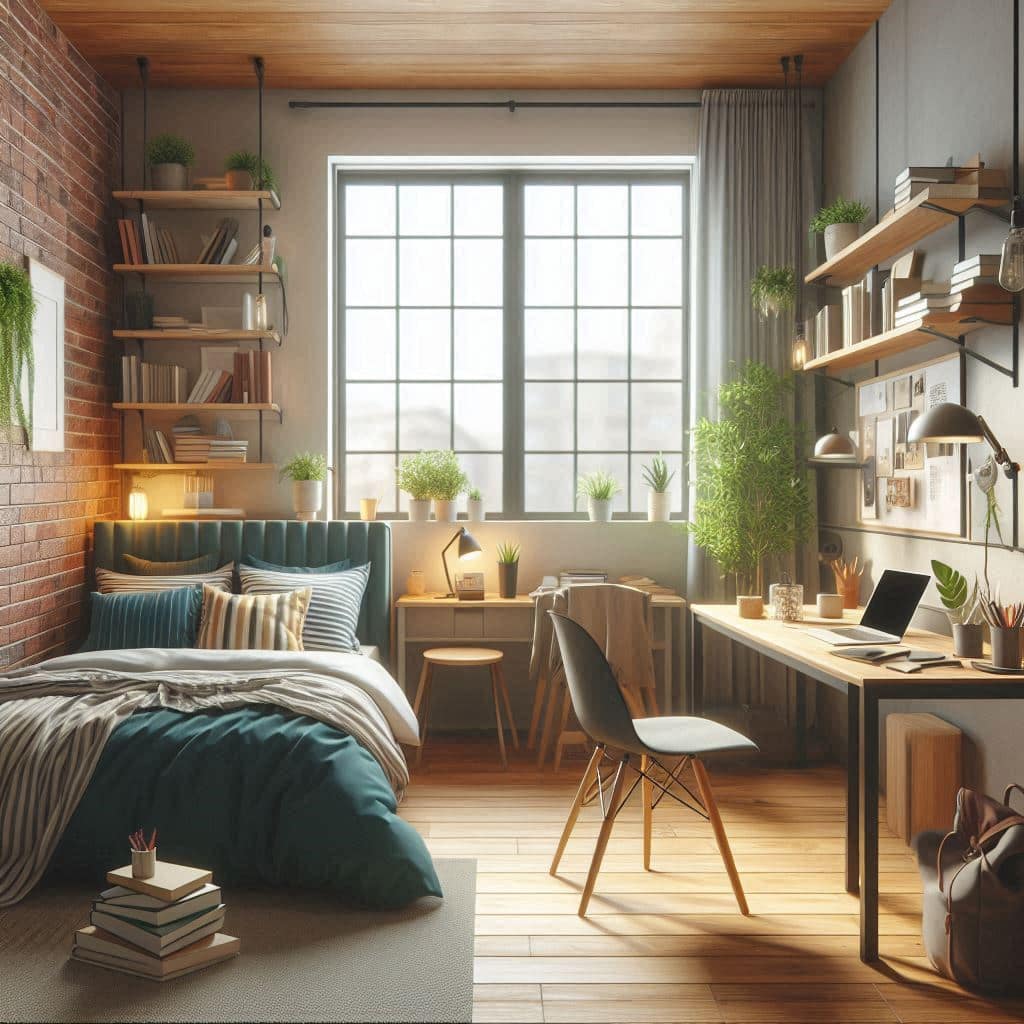 A modern student room to rent in Lancaster, featuring a desk and comfortable bed.