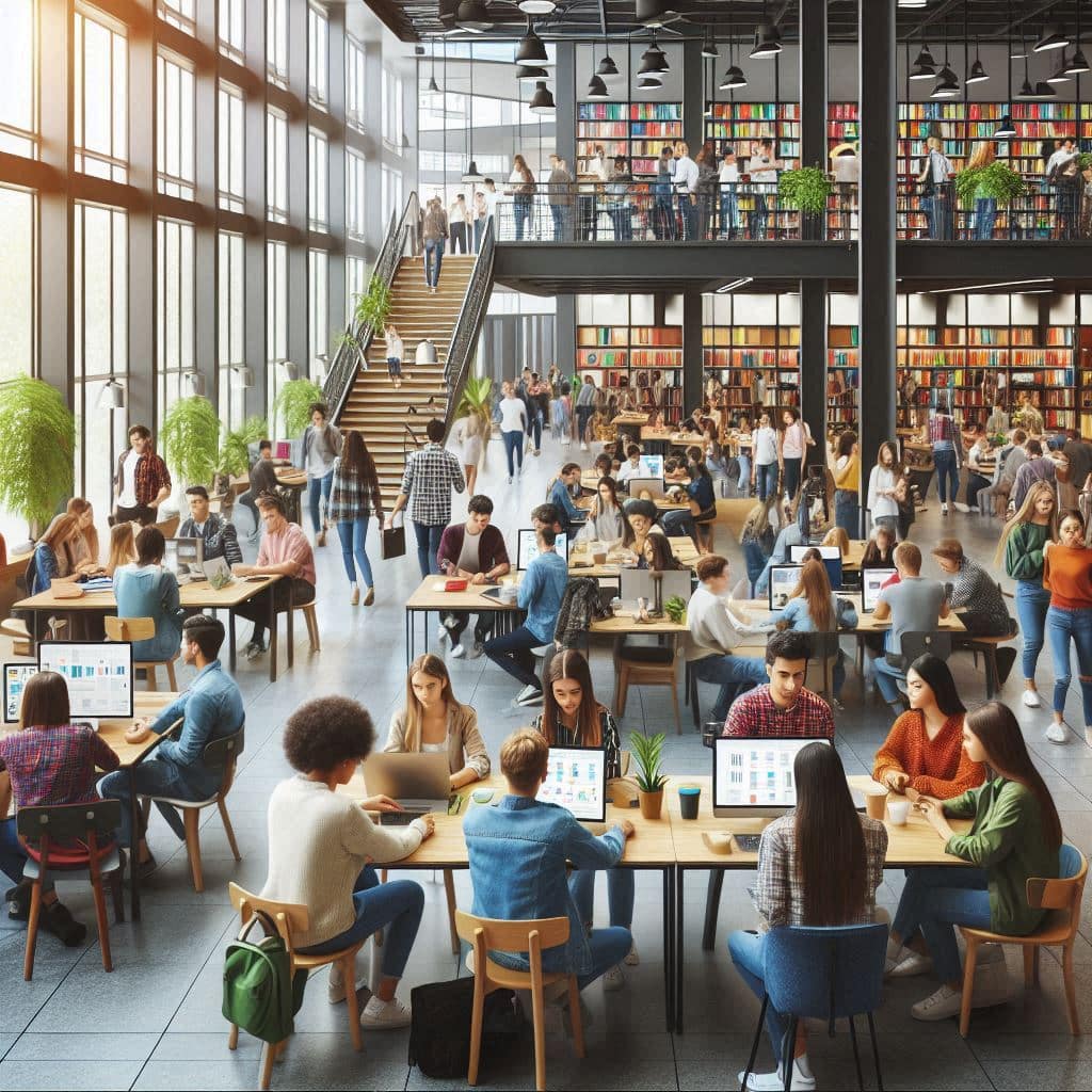 Students studying and socializing in a vibrant student hub at Lancaster University Campus Library