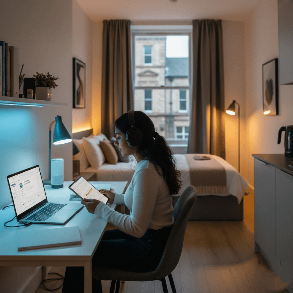 Lancaster University student using smart technology in a studio flat: cool blue light for focus at the desk, warm amber light in the background (sleep zone), with a laptop and tablet for AI study tools.