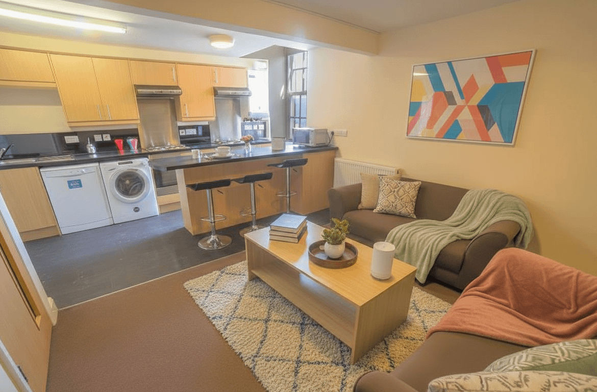 Modern shared student accommodation Lancaster UK with spacious communal areas open plan student house with cosy sofas