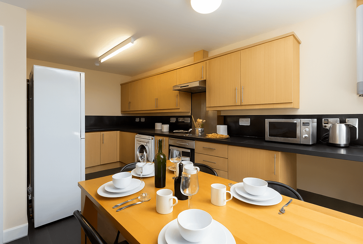 Modern student kitchen in Lancaster with dishwasher and contemporary appliances, perfect for shared student housing.. student house with washer dryer dishwasher dining table