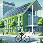 University Accommodation A student cycling past a green building with solar panels