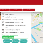 Screenshot of the Lancaster University Homes property search tool, showing potential Bayt Student Accommodation listings.