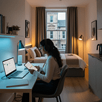 Lancaster University student using smart technology in a studio flat: cool blue light for focus at the desk, warm amber light in the background (sleep zone), with a laptop and tablet for AI study tools.