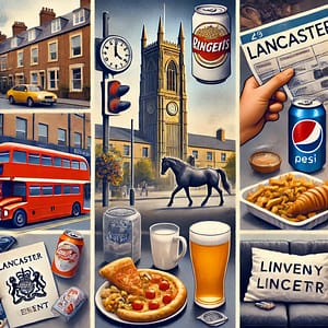 A collage of typical student expenses in Lancaster_ rent, food, transport, and entertainment in Lancaster