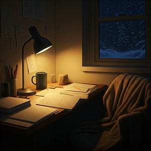 A cozy student room in Lancaster, featuring warm lighting, soft blankets, and a steaming mug on a desk covered in books.