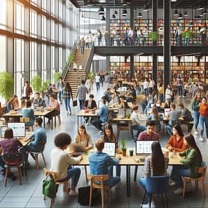 Students studying and socializing in a vibrant student hub at Lancaster University Campus Library