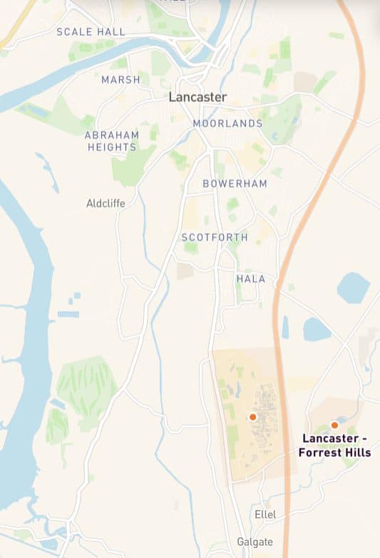map of student areas in Lancaster showing key locations and transport links