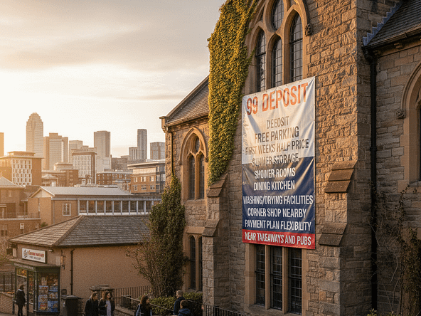 affordable student houses Lancaster near campus, £99 deposit, Free parking, First weeks half price/summer storage, Shower rooms, Dining kitchen, Washing/drying facilities, Corner shop nearby, Bishops Walk location, Grade 2 listed buildings, Payment plan flexibility, Overlooking university, Five minute walk city centre, Near takeaways and pubs