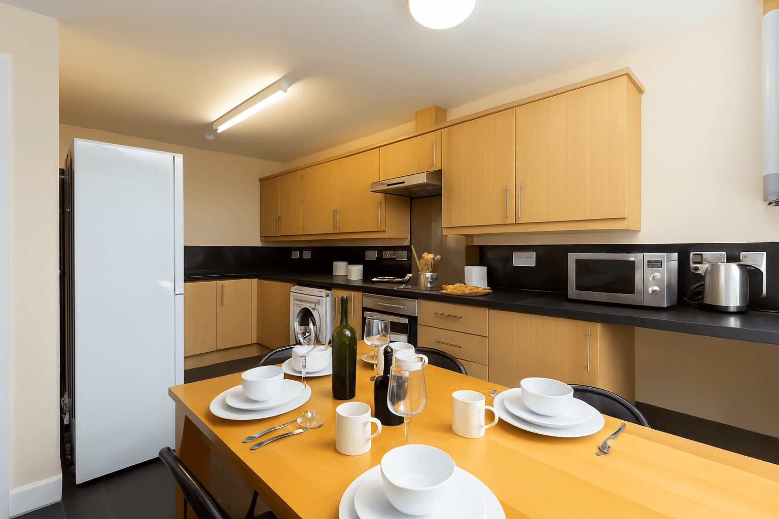 Modern student kitchen in Lancaster with dishwasher and contemporary appliances, perfect for shared student housing.. student house with washer dryer dishwasher dining table