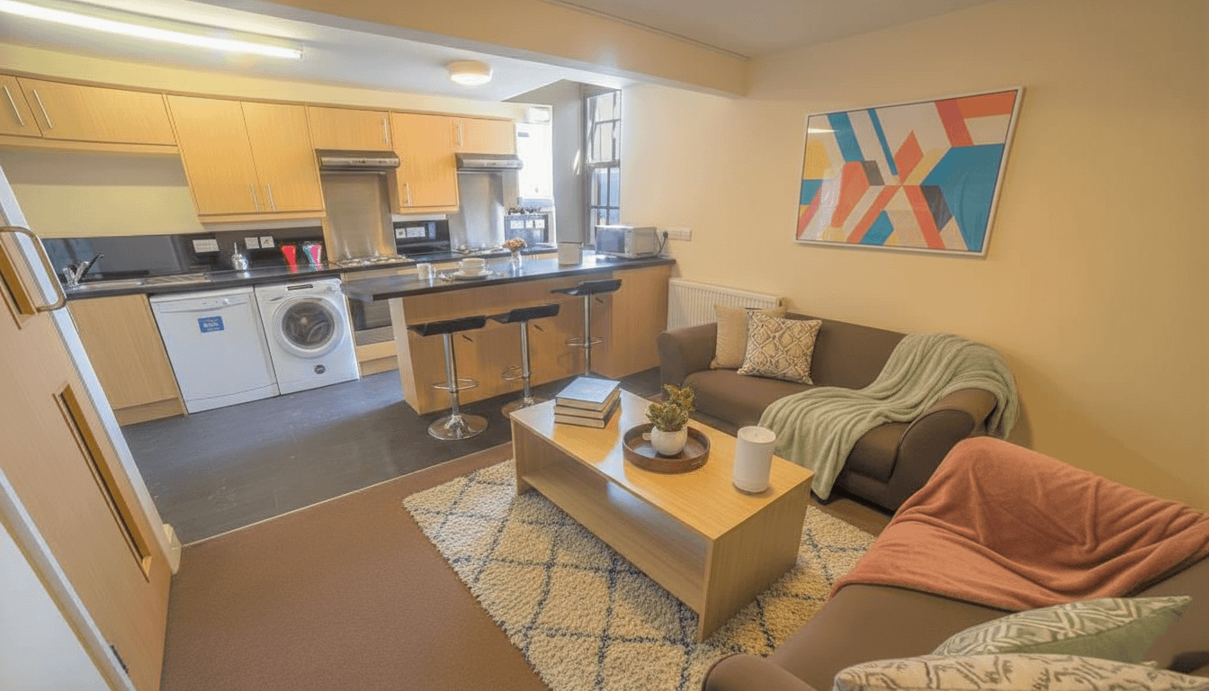 Modern shared student accommodation Lancaster UK with spacious communal areas open plan student house with cosy sofas