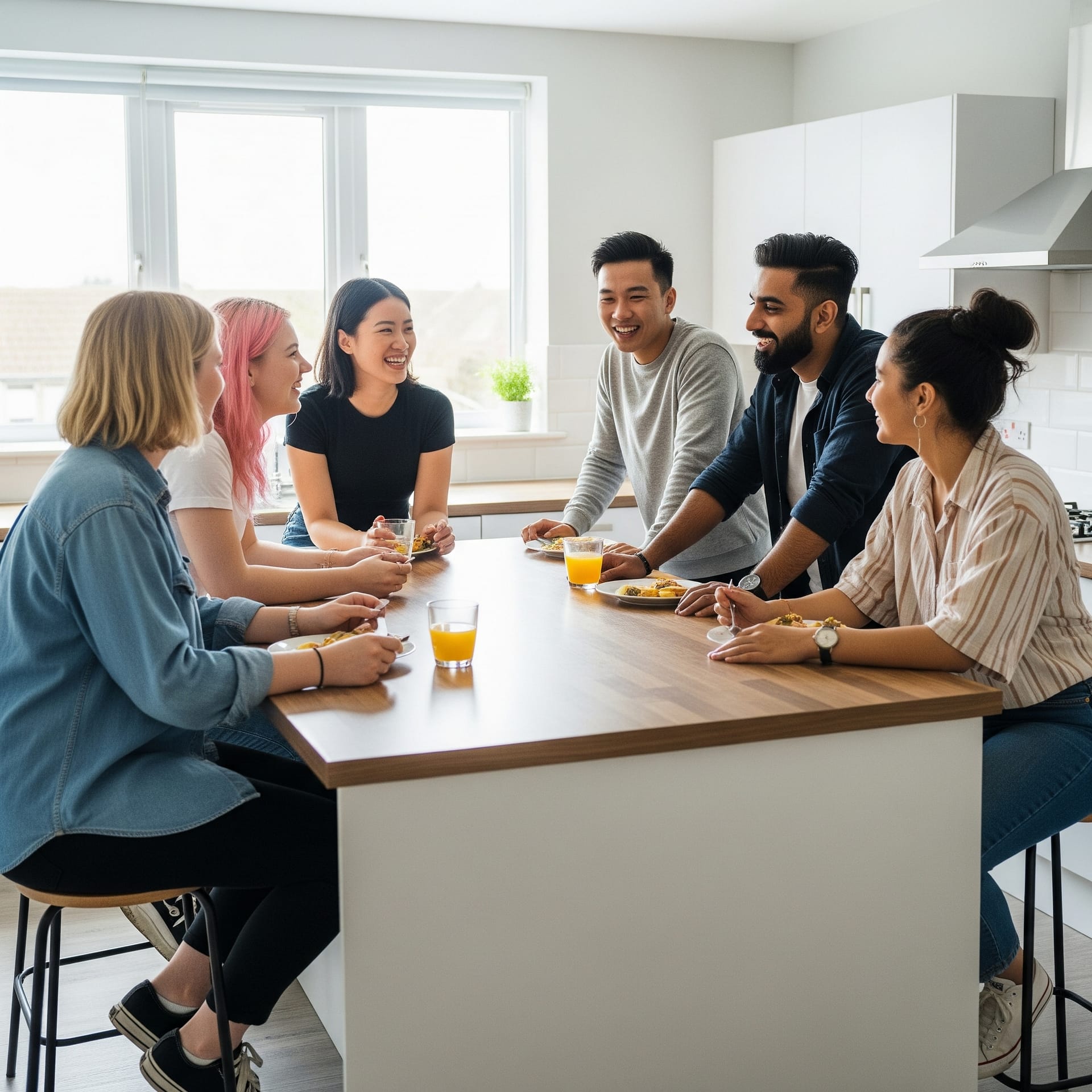 A group of happy students in a shared kitchen, illustrating the benefits of choosing the right housemates in student housing.