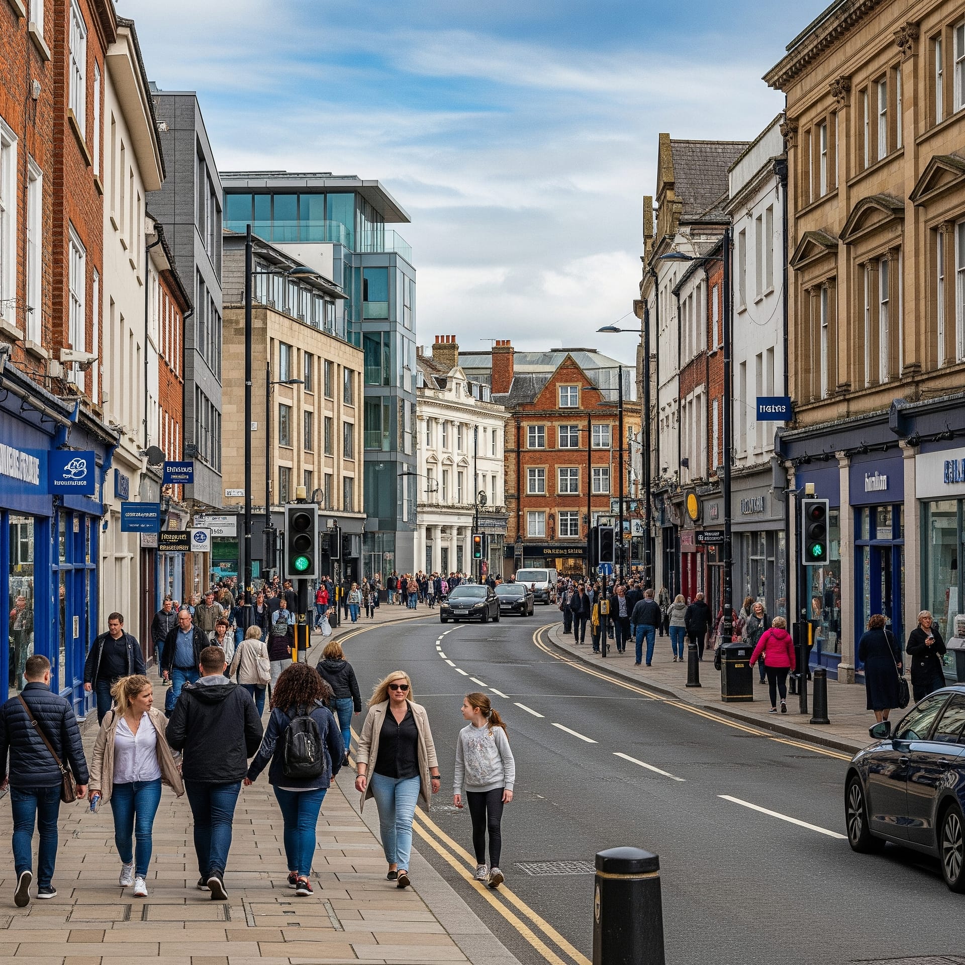 A lively city street scene in Lancaster with shops and people, illustrating urban transport