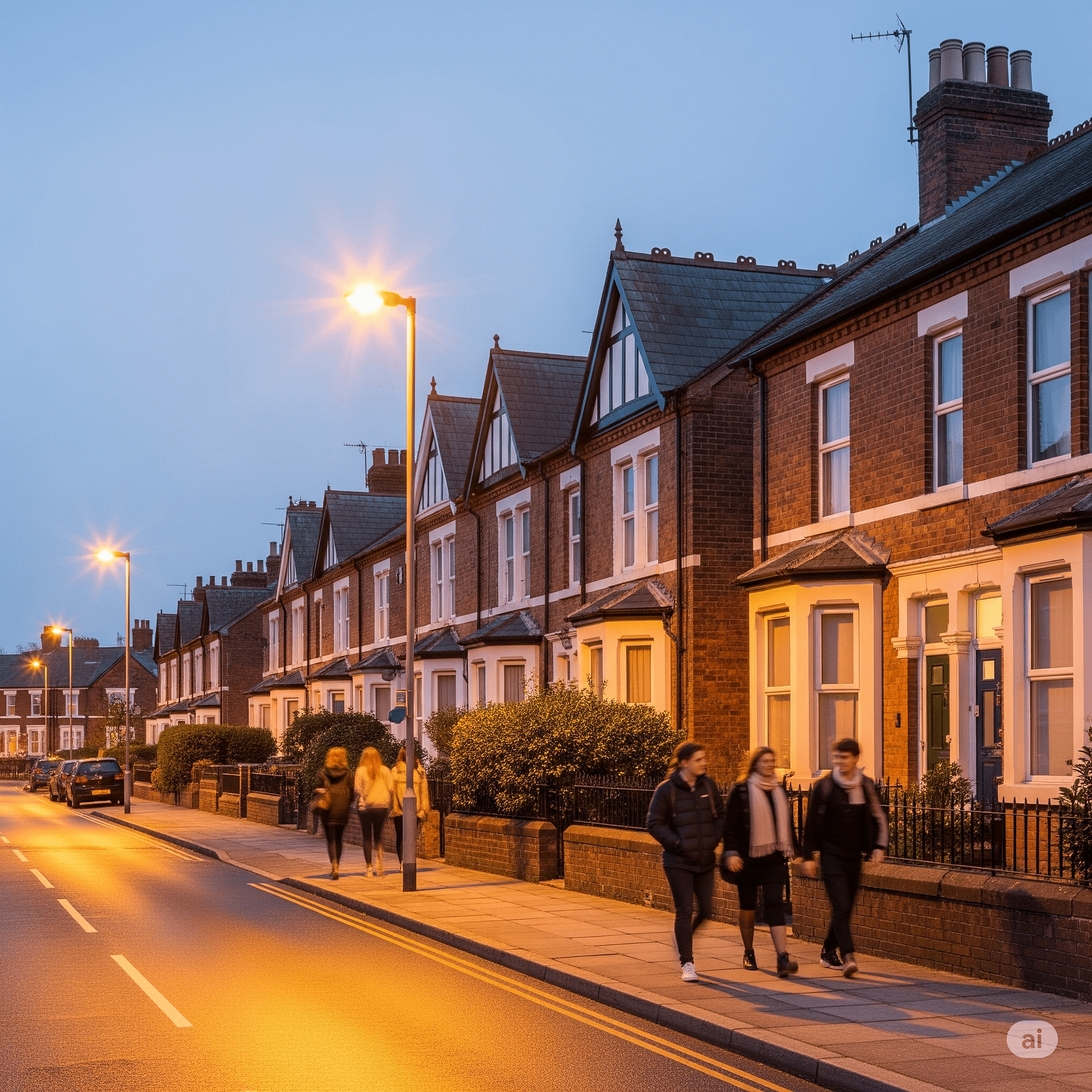 A street in a safe student accommodation area in Lancaster well-maintained houses and good lighting