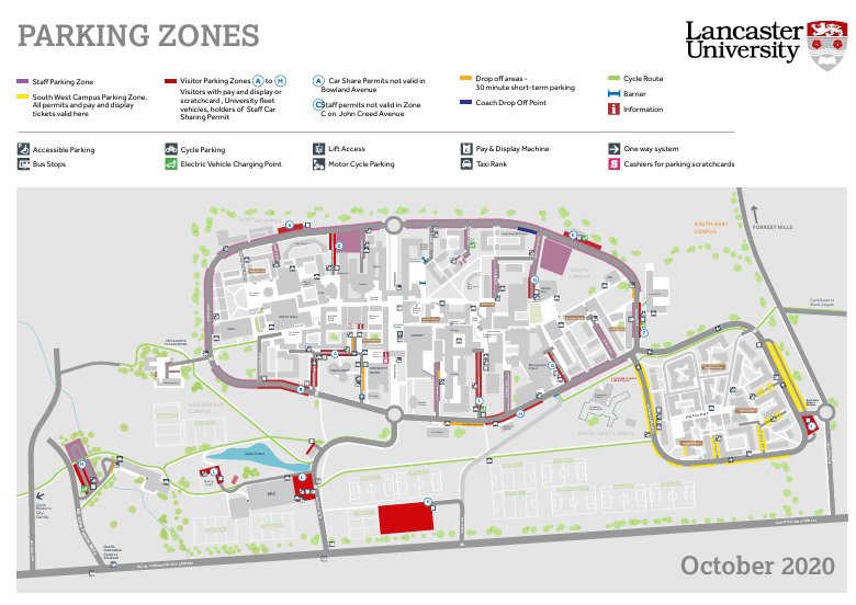 Map highlighting parking zones within Lancaster Uni