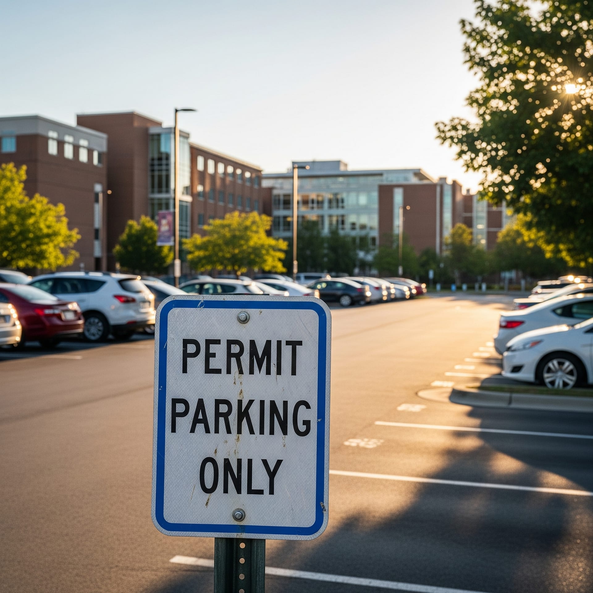 A clear sign for 'Permit Parking Only' at a university campus car park