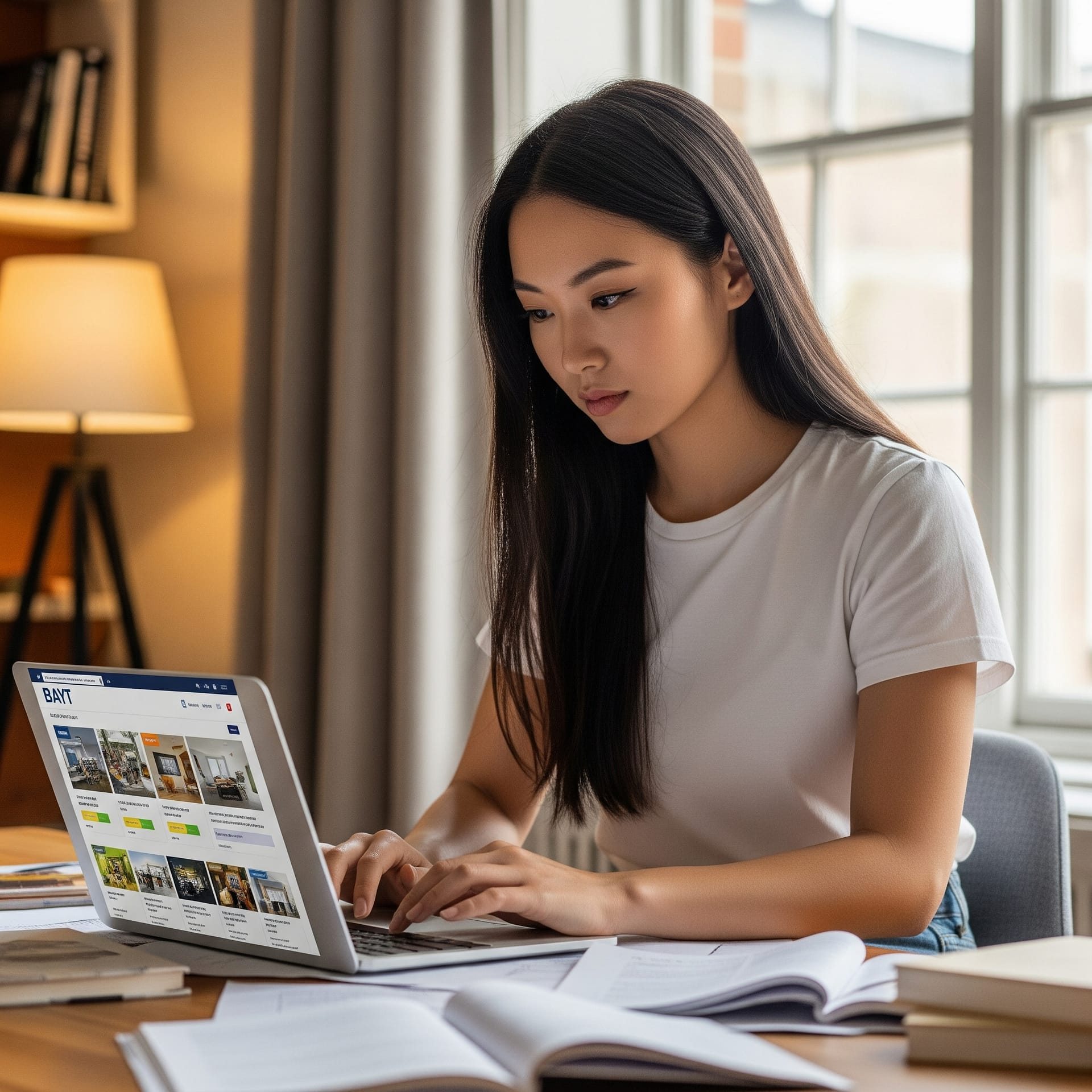 Student in Lancaster researching single-sex accommodation options online with an approved provider.