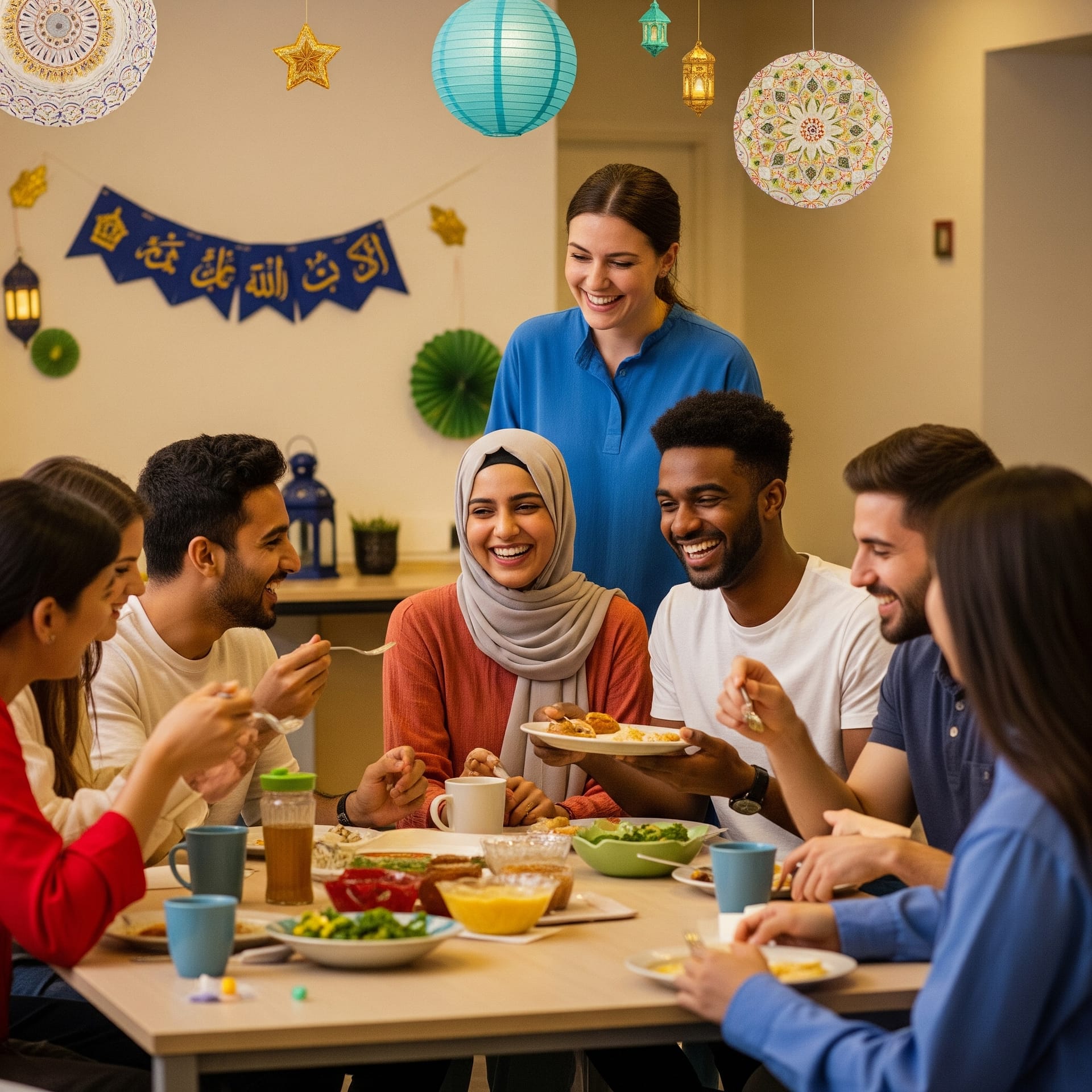Students celebrating Eid al-Adha in their Lancaster student accommodation common room