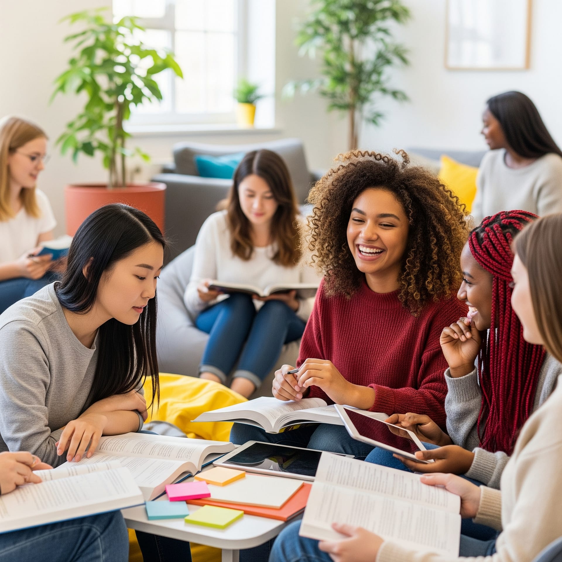 Students collaborating and studying in a comfortable communal lounge at a Lancaster student accommodation