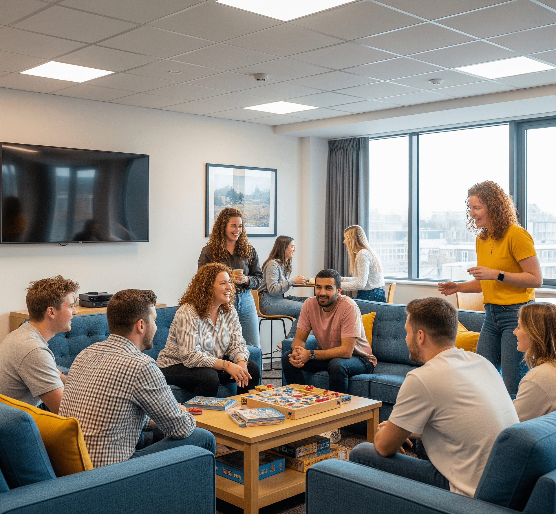 A group of students socialising in a common room at a Lancaster University approved student accommodation provided by Bayt.