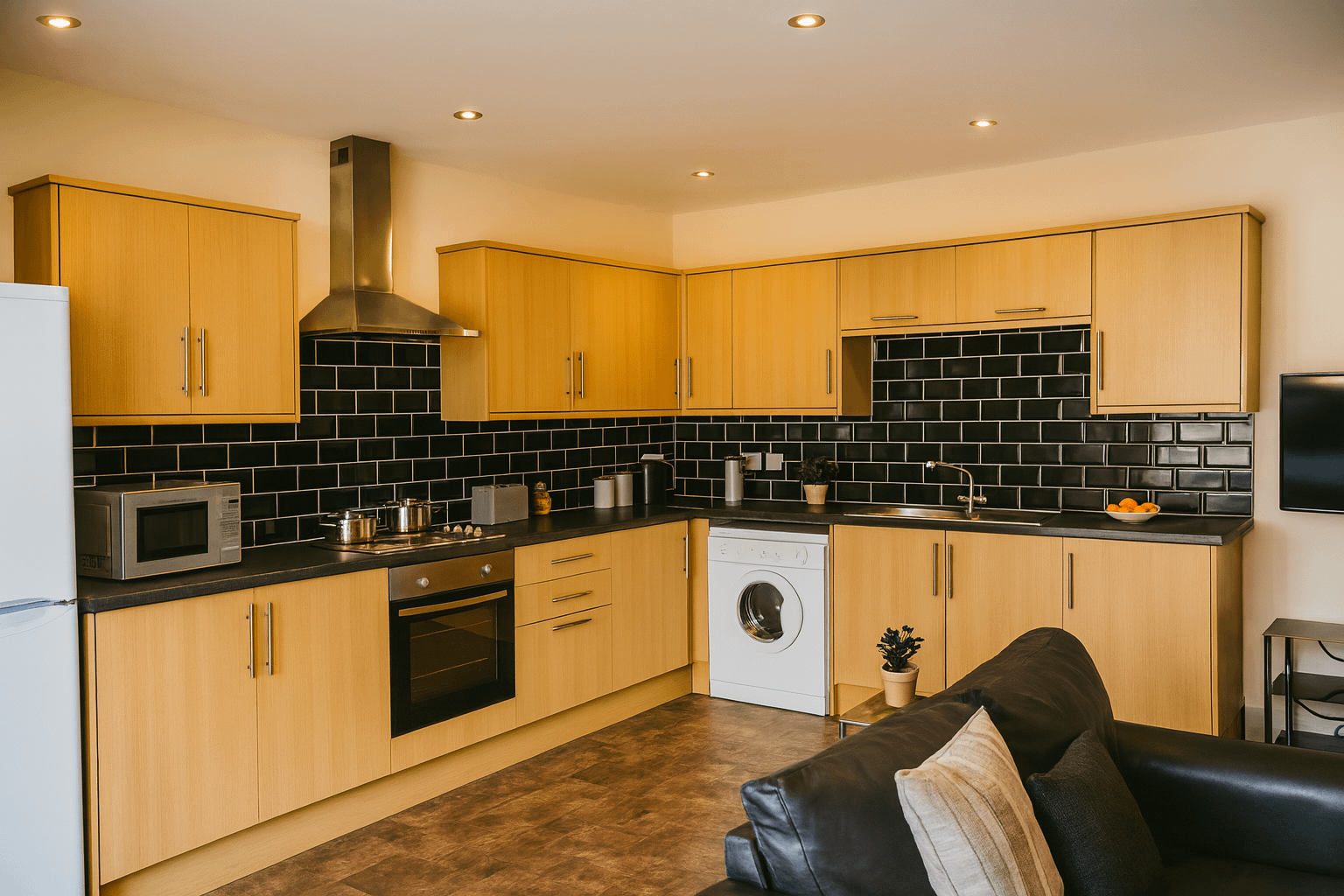 Modern Kitchen: Fully fitted with all essential appliances, including fridge-freezers, oven, hob, and washing machine. Plenty of cupboard space for five people. Penny Street Lancaster City Centre