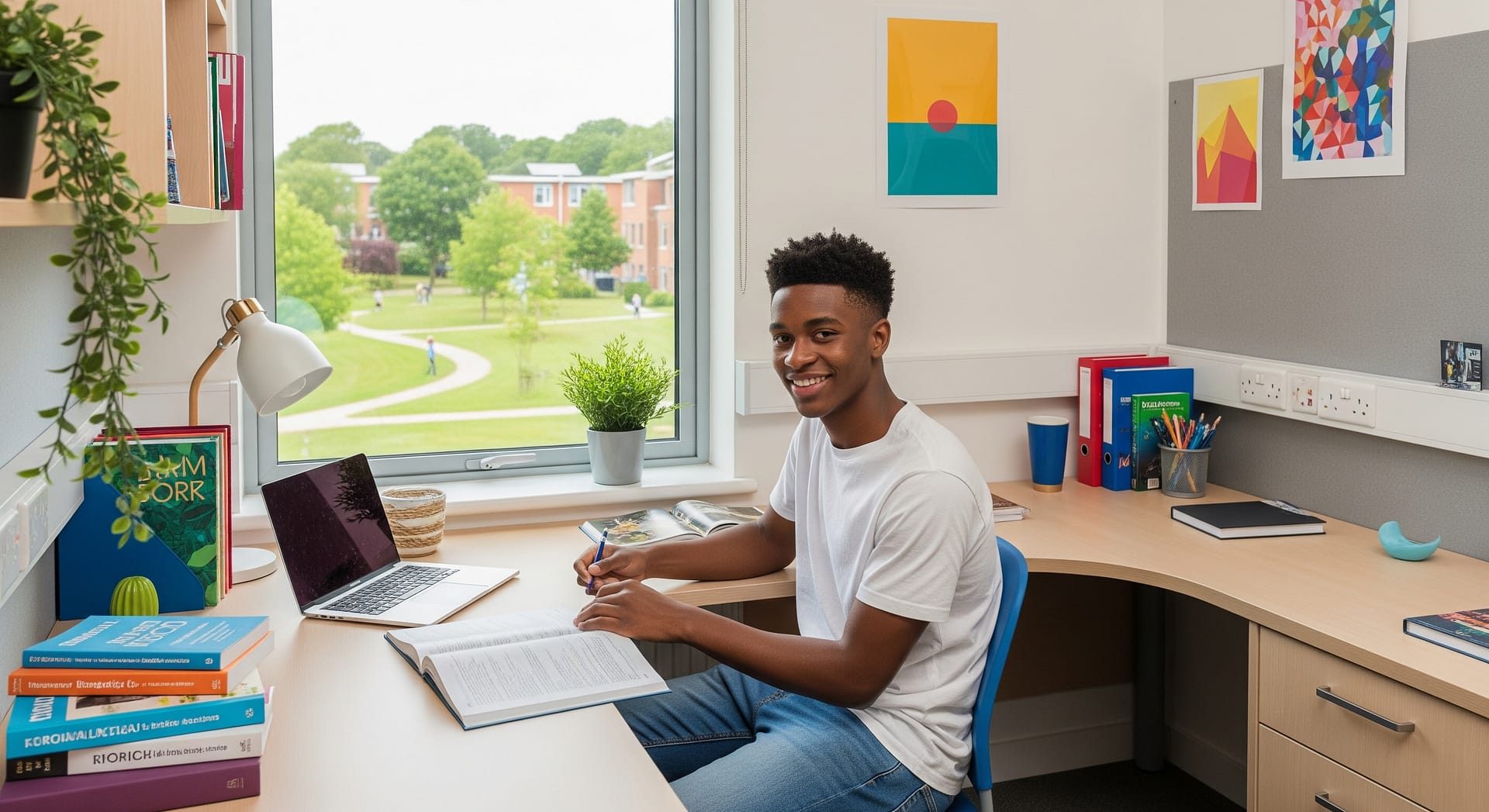 A young, male student smiling and studying diligently at a tidy desk in a bright, navigating university exam, modern student accommodation room, with a laptop, textbooks, and a window view of a green campus, creating a calm and focused atmosphere.